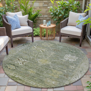 HomeRoots 8' Sage and Beige Round Tribal Rug - Durable, Washable, Stylish for Indoor & Outdoor Spaces! 629511