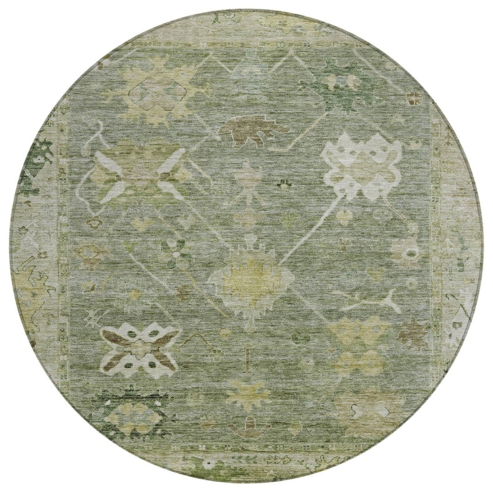 HomeRoots 8' Sage and Beige Round Tribal Rug - Durable, Washable, Stylish for Indoor & Outdoor Spaces! 629511