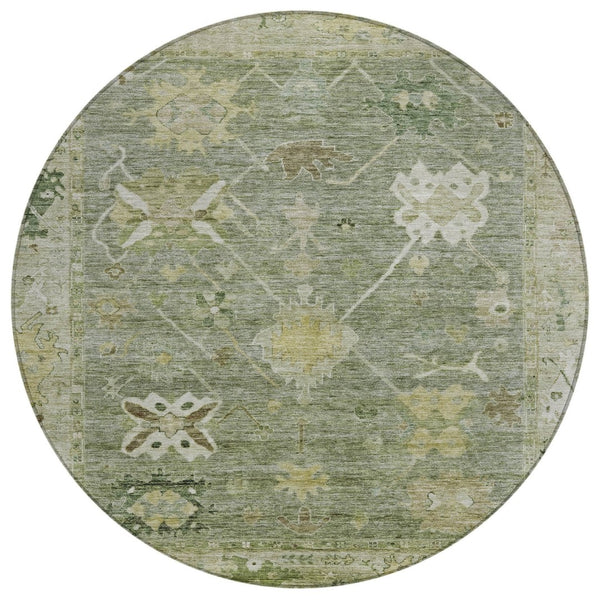 HomeRoots 8' Sage and Beige Round Tribal Rug - Durable, Washable, Stylish for Indoor & Outdoor Spaces! 629511