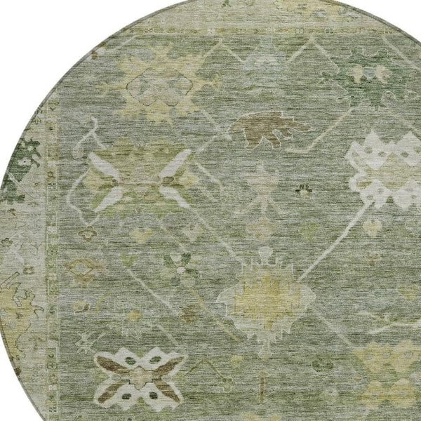 HomeRoots 8' Sage and Beige Round Tribal Rug - Durable, Washable, Stylish for Indoor & Outdoor Spaces! 629511