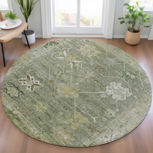 HomeRoots 8' Sage and Beige Round Tribal Rug - Durable, Washable, Stylish for Indoor & Outdoor Spaces! 629511