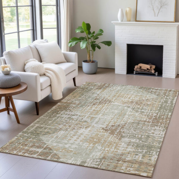 HomeRoots 5' Stylish Artichoke Green & Brown Geometric Area Rug - Washable, Durable for Indoor & Outdoor Spaces! 629516