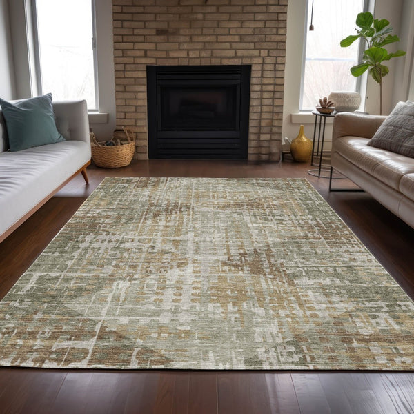 HomeRoots 5' Stylish Artichoke Green & Brown Geometric Area Rug - Washable, Durable for Indoor & Outdoor Spaces! 629516