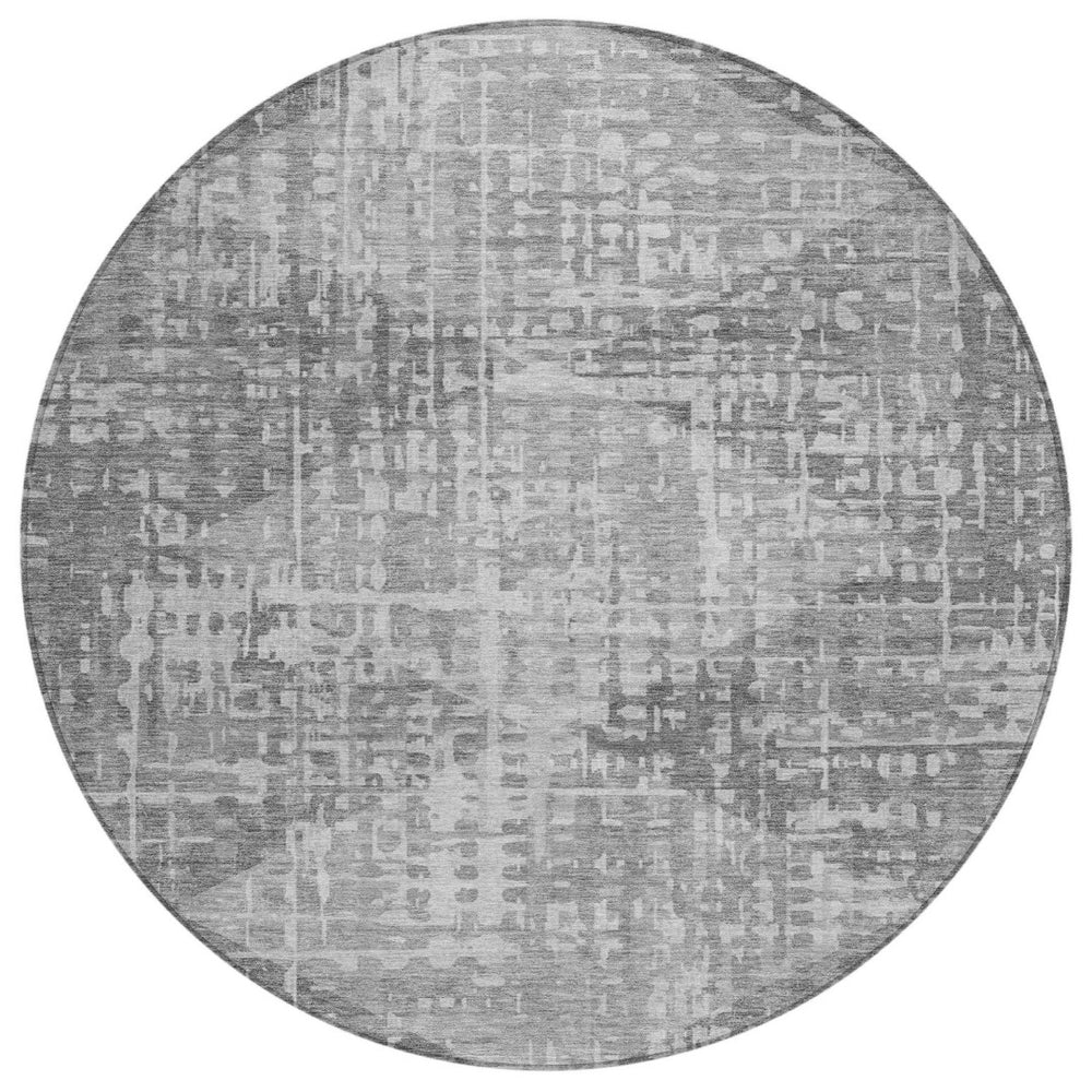 HomeRoots 8' Gray and Silver Geometric Round Area Rug - Washable, Durable, Indoor/Outdoor for Modern Spaces 629529