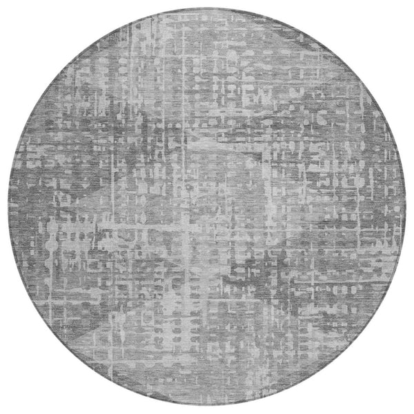 HomeRoots 8' Gray and Silver Geometric Round Area Rug - Washable, Durable, Indoor/Outdoor for Modern Spaces 629529