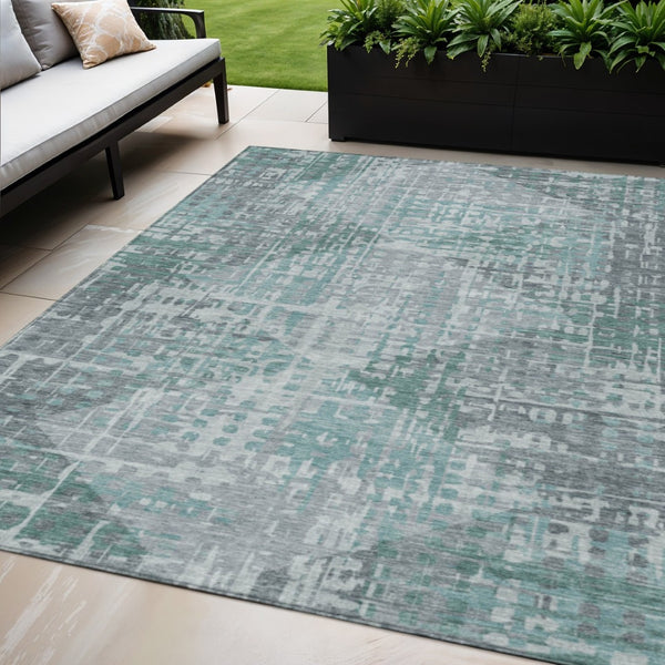 HomeRoots 5' X 8' Teal Blue and Gray Geometric Area Rug - Durable, Washable, Indoor/Outdoor Design for Modern Spaces 629540