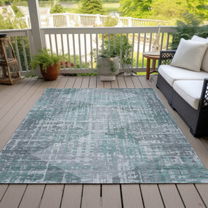 HomeRoots 5' X 8' Teal Blue and Gray Geometric Area Rug - Durable, Washable, Indoor/Outdoor Design for Modern Spaces 629540