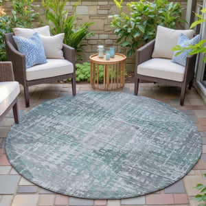 HomeRoots 8' Teal Blue and Gray Modern Geometric Round Area Rug - Washable, Durable for Indoor & Outdoor Use 629541