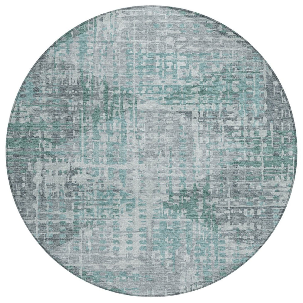 HomeRoots 8' Teal Blue and Gray Modern Geometric Round Area Rug - Washable, Durable for Indoor & Outdoor Use 629541