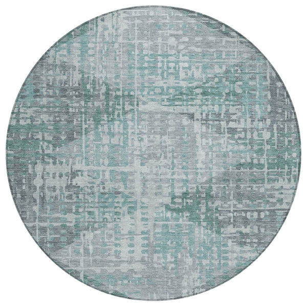 HomeRoots 8' Teal Blue and Gray Modern Geometric Round Area Rug - Washable, Durable for Indoor & Outdoor Use 629541
