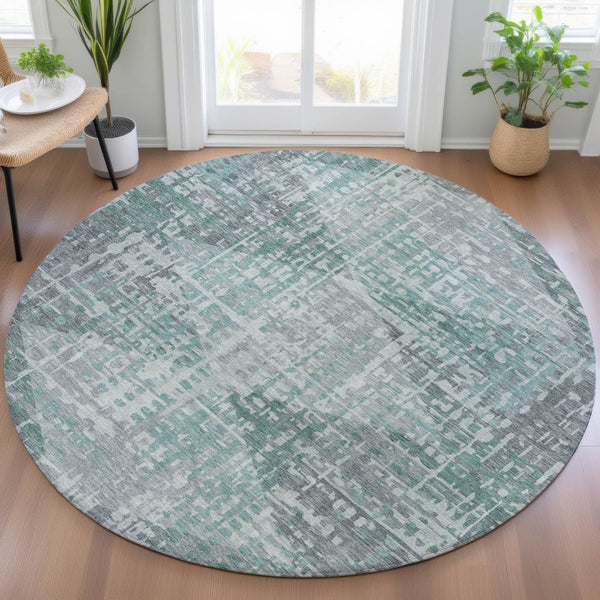 HomeRoots 8' Teal Blue and Gray Modern Geometric Round Area Rug - Washable, Durable for Indoor & Outdoor Use 629541