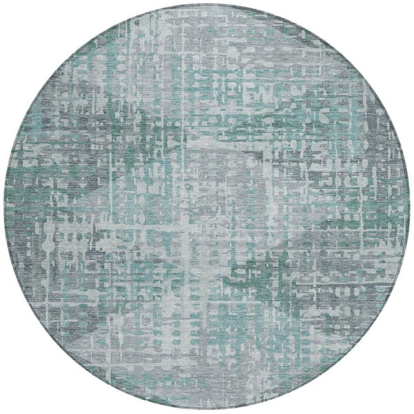 HomeRoots 8' Teal Blue and Gray Modern Geometric Round Area Rug - Washable, Durable for Indoor & Outdoor Use 629541