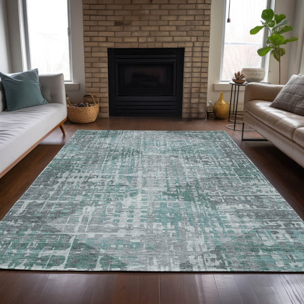 HomeRoots 8' X 10' Teal Blue and Gray Geometric Area Rug - Durable, Washable, Indoor/Outdoor for High-Traffic Spaces 629542