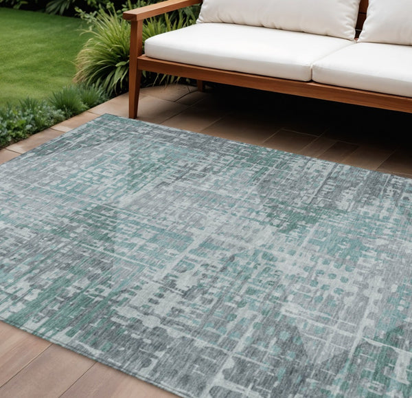 HomeRoots 9' Teal Blue and Gray Geometric Area Rug – Durable, Washable Design for Indoor & Outdoor Elegance 629543