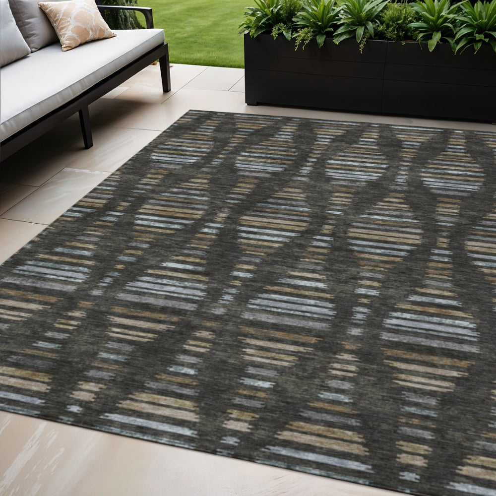 HomeRoots 5' X 8' Versatile Coffee and Gray Striped Area Rug for Indoor/Outdoor - Durable, Washable, Stylish! 629546