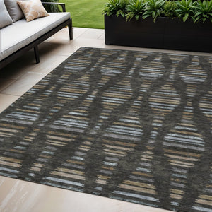 HomeRoots 5' X 8' Versatile Coffee and Gray Striped Area Rug for Indoor/Outdoor - Durable, Washable, Stylish! 629546