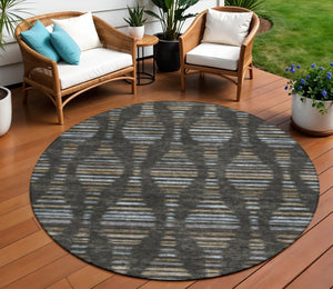 HomeRoots 8' Stylish Round Coffee and Gray Striped Rug - Durable, Stain-Resistant, Machine Washable Design for Indoors & Outdoors 629547
