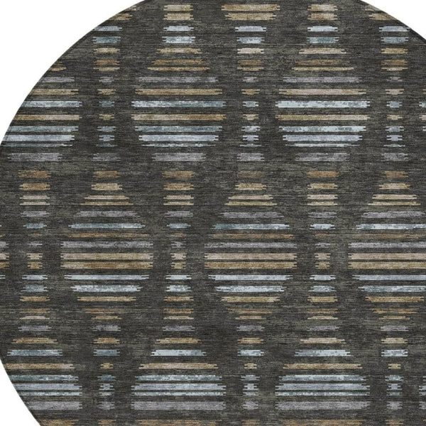 HomeRoots 8' Stylish Round Coffee and Gray Striped Rug - Durable, Stain-Resistant, Machine Washable Design for Indoors & Outdoors 629547