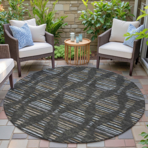 HomeRoots 8' Stylish Round Coffee and Gray Striped Rug - Durable, Stain-Resistant, Machine Washable Design for Indoors & Outdoors 629547