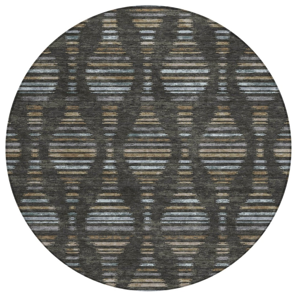 HomeRoots 8' Stylish Round Coffee and Gray Striped Rug - Durable, Stain-Resistant, Machine Washable Design for Indoors & Outdoors 629547