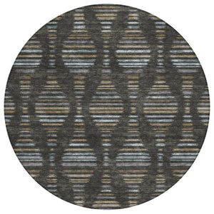 HomeRoots 8' Stylish Round Coffee and Gray Striped Rug - Durable, Stain-Resistant, Machine Washable Design for Indoors & Outdoors 629547