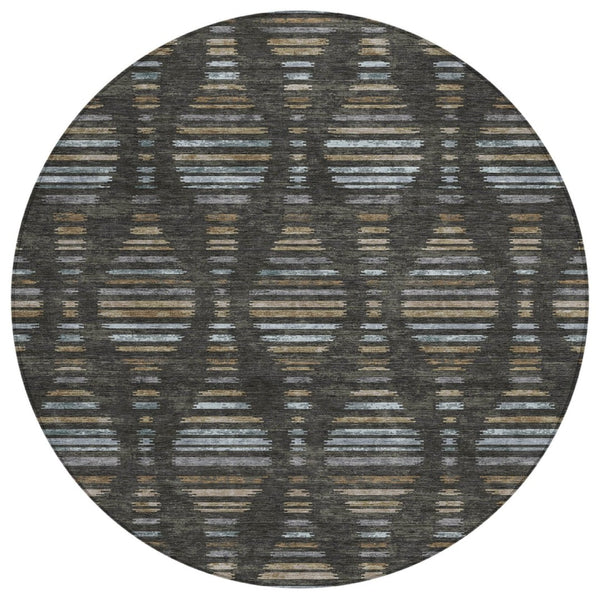 HomeRoots 8' Stylish Round Coffee and Gray Striped Rug - Durable, Stain-Resistant, Machine Washable Design for Indoors & Outdoors 629547
