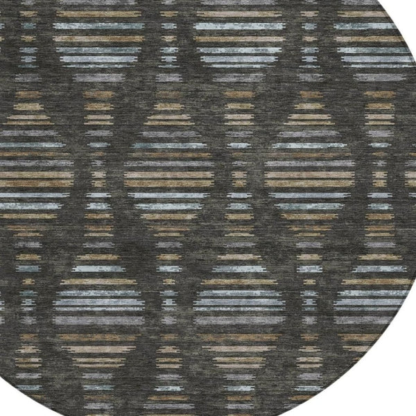 HomeRoots 8' Stylish Round Coffee and Gray Striped Rug - Durable, Stain-Resistant, Machine Washable Design for Indoors & Outdoors 629547
