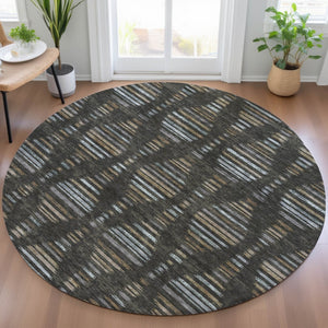 HomeRoots 8' Stylish Round Coffee and Gray Striped Rug - Durable, Stain-Resistant, Machine Washable Design for Indoors & Outdoors 629547