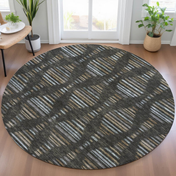 HomeRoots 8' Stylish Round Coffee and Gray Striped Rug - Durable, Stain-Resistant, Machine Washable Design for Indoors & Outdoors 629547