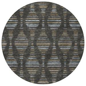HomeRoots 8' Stylish Round Coffee and Gray Striped Rug - Durable, Stain-Resistant, Machine Washable Design for Indoors & Outdoors 629547