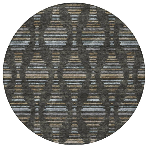 HomeRoots 8' Stylish Round Coffee and Gray Striped Rug - Durable, Stain-Resistant, Machine Washable Design for Indoors & Outdoors 629547