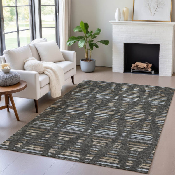 HomeRoots 8' X 10' Coffee and Gray Striped Washable Rug - Stylish, Durable, Stain-Resistant for Indoor & Outdoor Use 629548