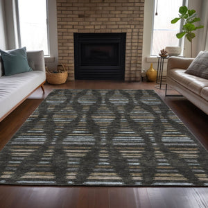 HomeRoots 8' X 10' Coffee and Gray Striped Washable Rug - Stylish, Durable, Stain-Resistant for Indoor & Outdoor Use 629548