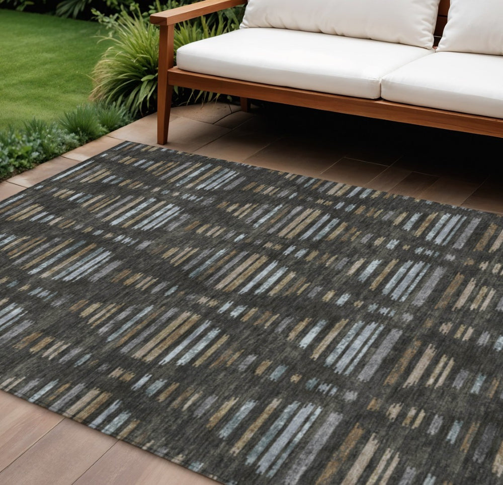 HomeRoots 10' X 14' Coffee and Gray Striped Area Rug - Durable, Washable, Stylish for Indoor & Outdoor Spaces 629550