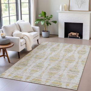 HomeRoots 5' Ivory and Gold Striped Indoor Outdoor Area Rug - Stylish, Washable, and Stain-Resistant Design! 629552