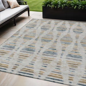 HomeRoots 5' X 8' Linen and Navy Blue Striped Area Rug – Stylish, Washable, Durable for Indoor & Outdoor Use! 629558