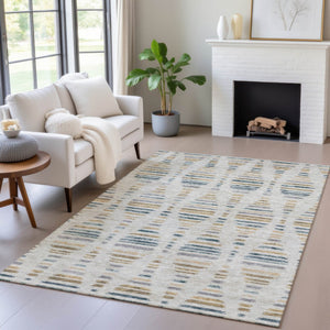 HomeRoots 5' X 8' Linen and Navy Blue Striped Area Rug – Stylish, Washable, Durable for Indoor & Outdoor Use! 629558