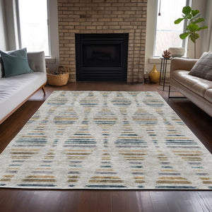 HomeRoots 5' X 8' Linen and Navy Blue Striped Area Rug – Stylish, Washable, Durable for Indoor & Outdoor Use! 629558