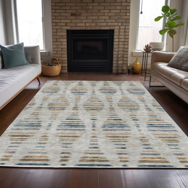HomeRoots 5' X 8' Linen and Navy Blue Striped Area Rug – Stylish, Washable, Durable for Indoor & Outdoor Use! 629558