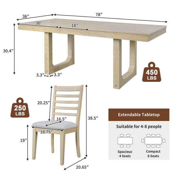 English Elm 7 Extendable Dining Table Set with 18" Leaf and 6 Upholstered Chairs — Rustic Farmhouse 60–78" Wood Veneer Table Natural N752S000090N