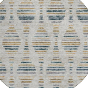 HomeRoots 8' Linen and Navy Blue Round Striped Area Rug – Durable, Washable, Modern Design for Indoor & Outdoor Use 629559