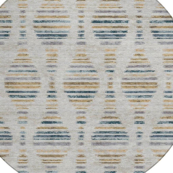 HomeRoots 8' Linen and Navy Blue Round Striped Area Rug – Durable, Washable, Modern Design for Indoor & Outdoor Use 629559