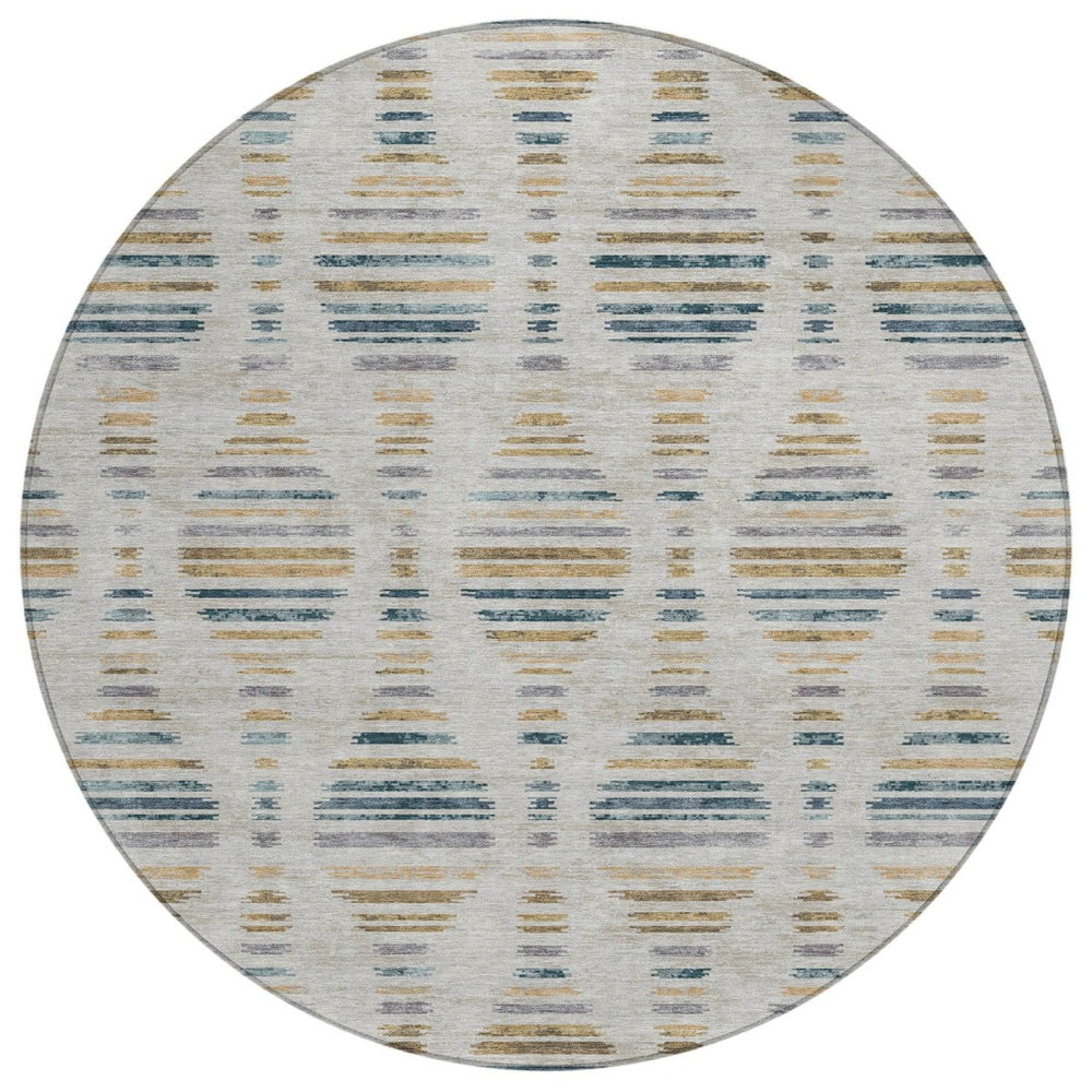 HomeRoots 8' Linen and Navy Blue Round Striped Area Rug – Durable, Washable, Modern Design for Indoor & Outdoor Use 629559