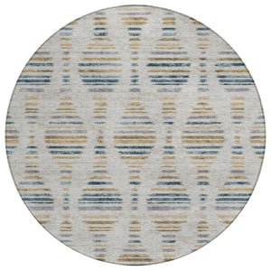HomeRoots 8' Linen and Navy Blue Round Striped Area Rug – Durable, Washable, Modern Design for Indoor & Outdoor Use 629559