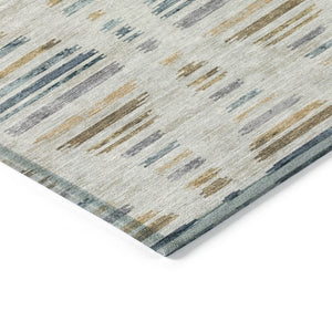 HomeRoots 8' Linen and Navy Blue Round Striped Area Rug – Durable, Washable, Modern Design for Indoor & Outdoor Use 629559
