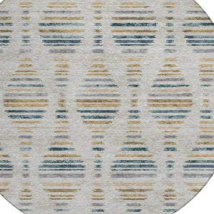 HomeRoots 8' Linen and Navy Blue Round Striped Area Rug – Durable, Washable, Modern Design for Indoor & Outdoor Use 629559