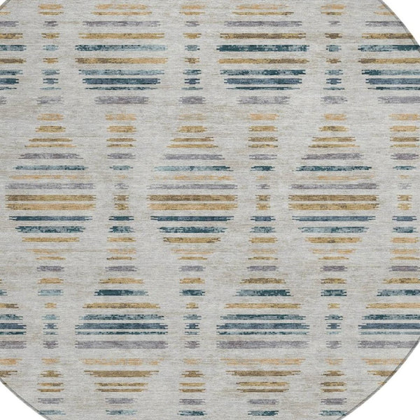 HomeRoots 8' Linen and Navy Blue Round Striped Area Rug – Durable, Washable, Modern Design for Indoor & Outdoor Use 629559