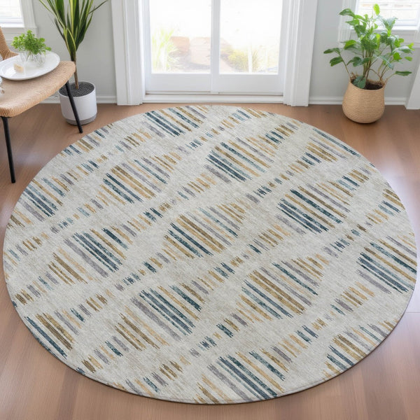HomeRoots 8' Linen and Navy Blue Round Striped Area Rug – Durable, Washable, Modern Design for Indoor & Outdoor Use 629559