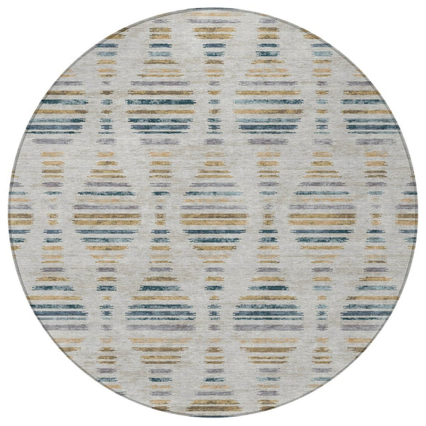 HomeRoots 8' Linen and Navy Blue Round Striped Area Rug – Durable, Washable, Modern Design for Indoor & Outdoor Use 629559
