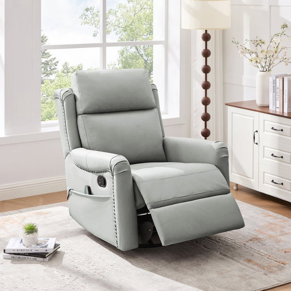 English Elm Modern Swivel Rocker Recliner Pu Leather Chair with Massage Heat and Storage Pocket Grey N763P399629E
